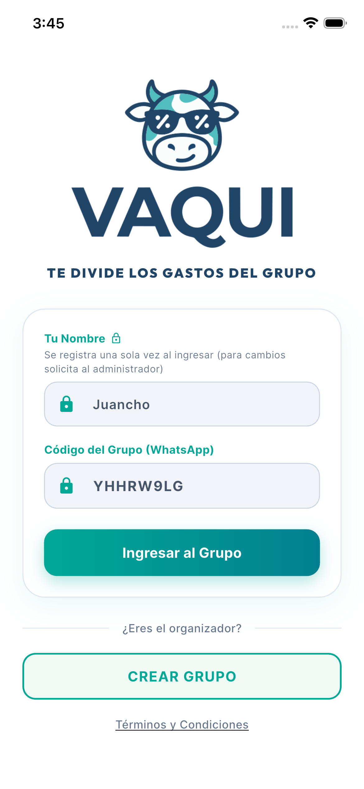 Pantalla de inicio de Vaqui - Grupos y monedas