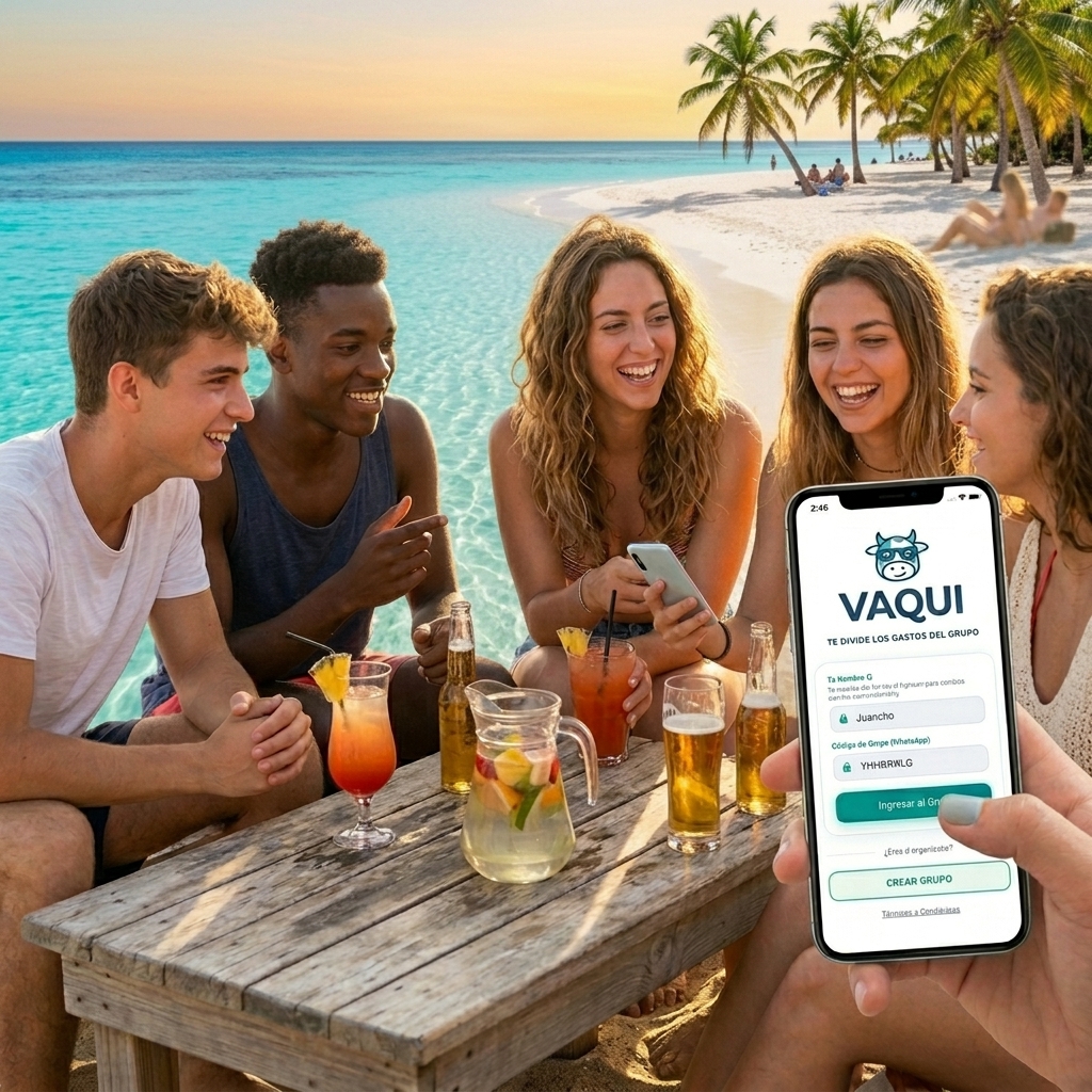 Grupo de amigos en la playa disfrutando sin preocupaciones gracias a Vaqui